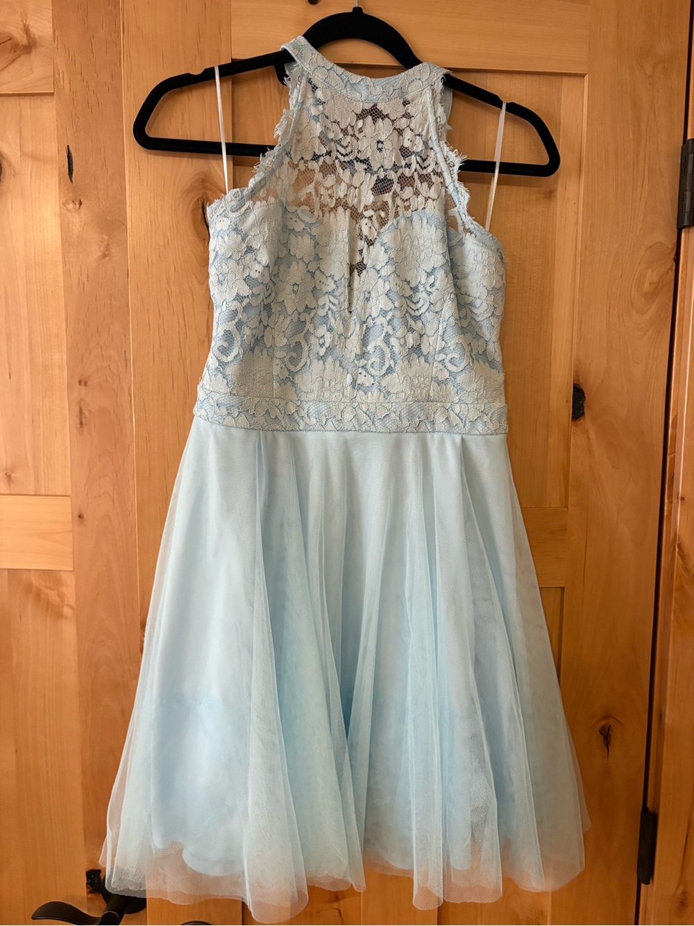 Light Blue Lace Halter Mini Dress with Tulle Skirt